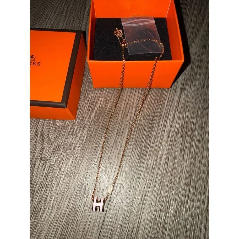 Hermès Rose Gold H Pendant Necklace with Orange Box